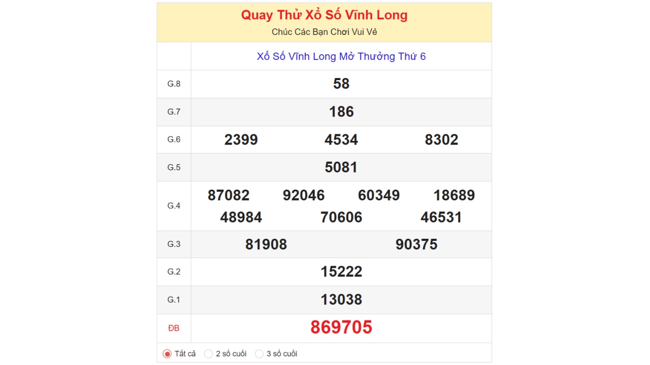 

Kết quả quay thử xổ số Vĩnh Long